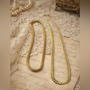 Vintage Gold Tone Herringbone Chain Necklace Set 18” & 24” Layered Statement
